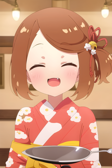 1girl, solo, blush, smile, short hair, open mouth, bangs, brown hair, hair ornament, long sleeves, ribbon, holding, twintails, closed eyes, hair ribbon, upper body, :d, food, japanese clothes, fang, virtual youtuber, kimono, blurry, side ponytail, red ribbon, bell, depth of field, blurry background, ^ ^, swept bangs, floral print, thick eyebrows, jingle bell, facing viewer, hair bell, spoon, red kimono, print kimono, holding  