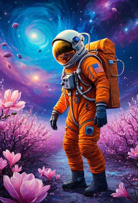 DB4RZ style painting, passengers gazing in awe, vast sky with swirling galaxies, cosmic colors (purples, blues, pinks), dramatic lighting, mystical atmosphere　Iridescence-suffused magnolia blossoms, dynamically rendered, impasto technique. Cerulean backdrop. Emphasize coruscating petals, luminous black, lavenders. Dynamic three-quarter shot. Focus: interplay of light and texture. Granular details: visible brushstrokes, subtle color gradations within petals. Intensify luminosity, add depth to background with diaphanous clouds. No discernable camera details beyond perspective.A cinematic shot of an astronaut in a vibrant orange spacesuit standing in the foreground, with a massive, intricate space station or spacecraft as the backdrop. The space station is adorned with numerous lights, windows, and technical details. The astronaut's suit is equipped with various gadgets and patches. The atmosphere is filled with floating debris and a hazy orange hue, suggesting either a celestial event or a post-apocalyptic setting.