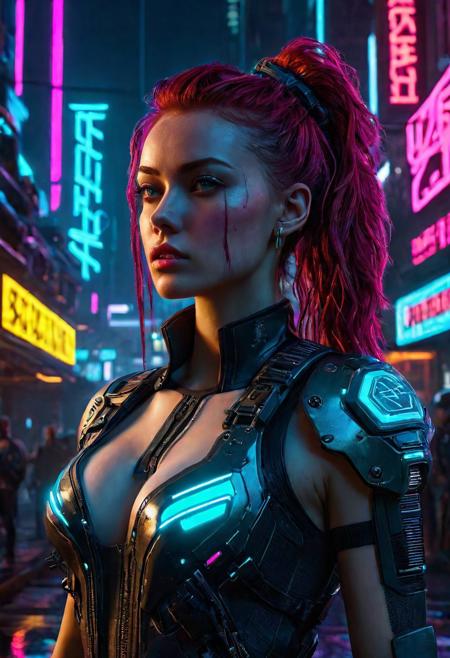 High resolution ultra-realistic of Beautiful Cyberpunk girl, 8k, capturing the intensity of the moment, cinematic lighting, standing on a troubled street in a futuristic city in a bloody battle, wavy red hair, realistic dirty pale face, realistic blue eyes, beautiful hourglass figure, realistic robotic hand, beautiful Sadie Sink as Cyberpunk girl, intricately designed tight cyberpunk-style clothing, Cyberpunk 2077 Aesthetic, perfect athletic figure, ultra realistic, cinematic style, vigorous and Alluring, athletic figure, Cyberpunk sci-fi neon style, dramatic lighting, wet and sweaty skin, dirty pale skin, athletic figure, dark sci-fi, dramatic lighting, Greg Rutkowski style, Cyberpunk girl on in cool dress, hyper-detailed, hyper-realistic, natural light, extremely intricat e details, masterpiece, epic, bright colours, Attractive 21 old years girl, beautiful firm Breasts, sharp focus, digital painting, Photograph Taken on Nikon D750, Alphonse Mucha, athletic figure, Hyperdetailed, hyperrealism, Attractive, Attractive bust girl, asymmetric balance