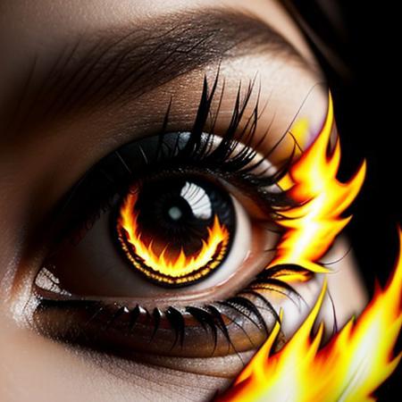 Ultra extreme closeup of a young womans eye ((((with fierce fire inferno from it)))), glossy green eye shadow, fire lighting the dark scene, super macro, green eye, view from side, mascara, winged eyeliner, mesmerizing, eyelash extension, shallow depth of field, f/1.4, focus blur, beautiful, bokeh, reflections, ultra realistic, gorgeous, silky smooth skin, dramatic light