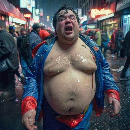 A documentary mid-closeup photograph , An overweight drunk, disheveled Superman, and a drunk, overweight Wonder Woman, and Mister Mxyzptlk, on a crowded , wet , neon lit dark NYC street. cheap, worn out, poorly made, dirty, torn costumes, cinematic still, Leica M3, Kodachrome, 50mm lens, 1970s street photography