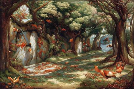 nature landscape; birds; squirrels; trees; bushes; spring; falling leaf; in forest; exceptional, best aesthetic, new, newest, masterpiece, best quality, ultra detailed; perspective; painting by John William Waterhouse