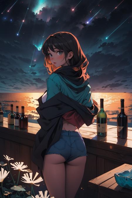 masterpiece, best quality, 1girl, bottle, fantasy, sky, bar, night sky, (ocean:1.3), meteor shower, looking at viewer, ass, drinking, from behind, dandelion, wind lift,  <lora:sky_bar-000008:0.6>