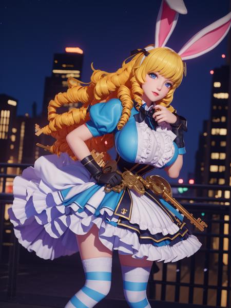 WZRYdajiALSXJ,1girl,solo,rabbit ears,blonde hair,blue eyes,drill hair,dress,long hair,striped thighhighs,looking at viewer,frills,breasts,<lora:WZRYdajiALSXJii:0.75>,cityscape,night,mature female,cowboy shot,key,hand on hip,