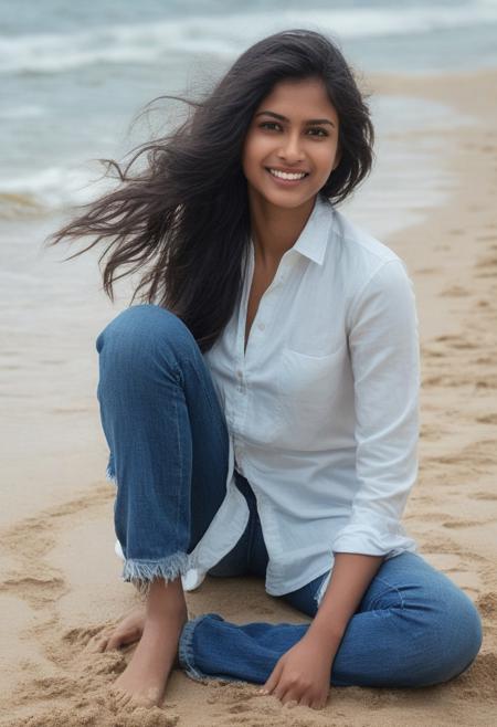 Beautiful Indian girl in a buttoned shirt with jeans with subtle smile sits causally on a sandy beach, with waves crashing her leg,  ocean waves crashing against each other, creating white sea foam .Her long hair is windswept.  Tilak on head, eyes with kazal