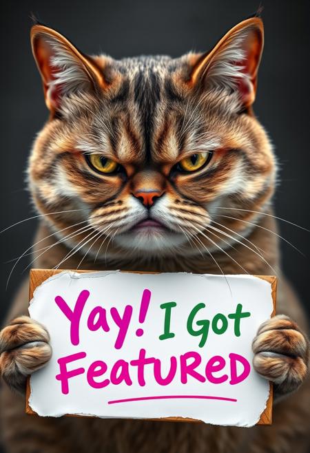 "Create a photorealistic image of an Exotic Shorthairs cat with an extremely grumpy expression, featuring a deep, droopy frown and scowl. The cat's eyes should be narrowed and its eyebrows furrowed, conveying a sense of displeasure and annoyance. In stark contrast to its grumpy demeanor, the cat is holding a sign that reads 'Yay! I Got Featured' in bold, colorful letters. The sign should be rendered in a playful, handwritten font, with a few subtle tears and creases to give it a more organic feel. The cat's fur should be depicted in exquisite detail, with individual hairs and whiskers visible, and a subtle sheen to suggest its short, smooth coat. The overall effect should be one of humorous, ironic contrast between the cat's grumpy expression and its enthusiastic sign." Highest-Quality, 4k, intricate details, visually stunning, Masterpiece