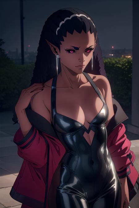 castlevaniadrolta, black hair, (red eyes:1.5), pointy ears, dark skin, dark-skinned female, colored sclera, black sclera, purple hair, gradient hair, two-tone hair, cleavage, jewelry, earrings, off shoulder, leotard, black leotard, pants, black pants,