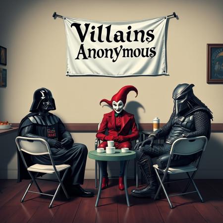 darth vader, the joker, (the red queen from alice in wonderland), and the predator are sitting on folding chairs in a half circle, a banner is hanging on the wall that reads "Villains Anonymous", a table with refreshments is off to the side, photo-realistic, high definition