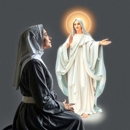 beautiful woman in nun's habit, grey and white, on knees, praying with eyes open, looking up at translucent image of a lovely female saint, with flowing robe, halo, outstretched arms, beatific smile