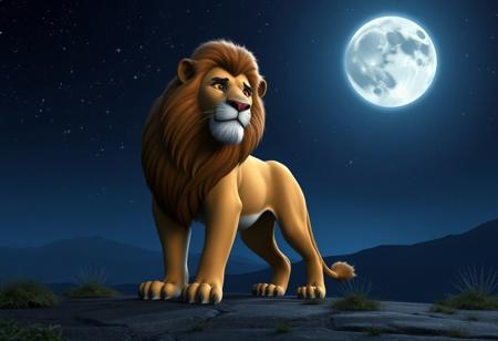 A majestic Pixar-style lion stands proudly in a moonlit night landscape. The camera frames the lion's regal pose against a serene, star-studded sky with a full moon casting a silver glow on the surrounding terrain. Soft, gentle lighting accentuates the lion's fur, while the dark shadows beneath its paws and around its eyes create depth.