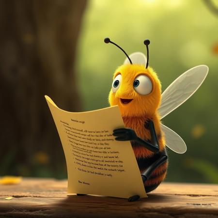 An Bee reading a big peace of paper saying:
"Bee movie script
According to all known laws
of aviation,
there is no way a bee
should be able to fly.
Its wings are too small to get
its fat little body off the ground.
The bee, of course, flies anyway
because bees don't care
what humans think is impossible.
Yellow, black. Yellow, black.
Yellow, black. Yellow, black.
Ooh, black and yellow!
Let's shake it up a little.
Barry! Breakfast is ready!
Ooming!"