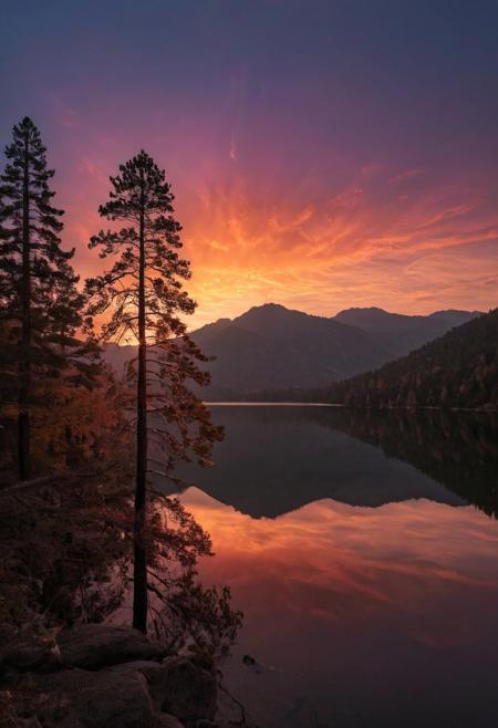 a mesmerizing sunset over a serene lake nestled amidst a mountainous landscape. The sky is ablaze with vibrant hues of orange, pink, and purple, creating a breathtaking canvas. The setting sun casts a warm, golden glow on the tranquil waters of the lake, its surface mirroring the stunning colors of the sky like a liquid mirror.
The shoreline is fringed with trees with autumn leaves, their silhouettes stark against the luminous backdrop. Tall pine trees stand tall in the foreground, their branches reaching towards the sky as if trying to touch the fiery heavens. The distant mountains, shrouded in a soft haze, provide a majestic backdrop to this picturesque scene.
The overall ambiance is one of tranquility and awe-inspiring beauty. The image captures the essence of a perfect moment in nature, where the sky, water, and land come together in harmonious splendor.
BREAK,
masterpiece, best quality, double exposure, realistic, whimsical, fantastic, intricate detailed, maximalist style, psychedelic, photorealistic, sharp focus, harmony, serenity, tranquility, halation, cozy ambient lighting, dynamic lighting, mentixis, metix, linquivera, liiv1, award winning,