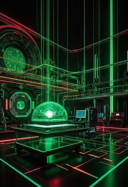 An ultra-precise picosecond laser beam, pulsating with intense energy, serves as a vibrant photon source, illuminating a complex nonlinear optical diffraction experiment, capturing the intricacies of 3rd order diffraction patterns, with an aesthetic reminiscent of futuristic scientific illustrations, blending the styles of Syd Mead, H.R. Giger, and Ash Thorp, with a predominantly metallic and neon color palette, set against a dark, high-tech laboratory background, with intricate details and a sense of depth, evoking a sense of cutting-edge innovation and scientific discovery, red and green tones
