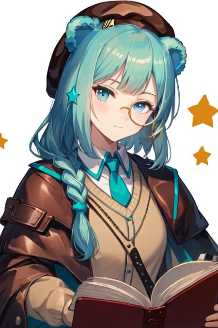 best quality, masterpiece, highres, solo, {istina_arknights:1.15}, animal_ears, bear_ears, long_hair, hair_ornament, monocle, bangs, braid, blue_eyes, blue_hair, star_\(symbol\), star_hair_ornament, hat, brown_headwear, book, beret, upper_body, aqua_hair, necktie, single_braid, 1girl, brown_jacket, jacket, shirt, white_shirt, closed_mouth, collared_shirt, holding, long_sleeves, looking_at_viewer, simple_background, blue_necktie, holding_book