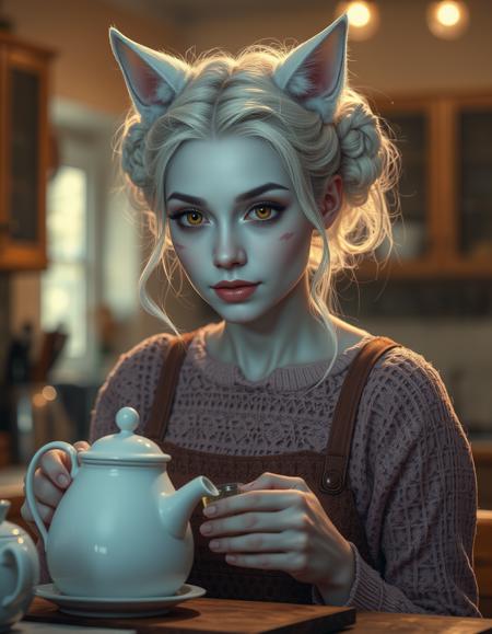 cinematic style, beauty, realism, photorealism, chiaroscuro, high quality, 1girl, pale dusky blue skin, facial markings like whiskers, white cat ears and a white cat tail, pronounced fangs, white hair in two large ringlets, a female miqote with a petite build, bright yellow eyes, cinematic photo a smart woman preparing tea in a peaceful kitchen, the warm, gentle light highlighting her serene and natural face as she goes through the familiar routine. 35mm photograph, film, bokeh, professional, 4k, highly detailed