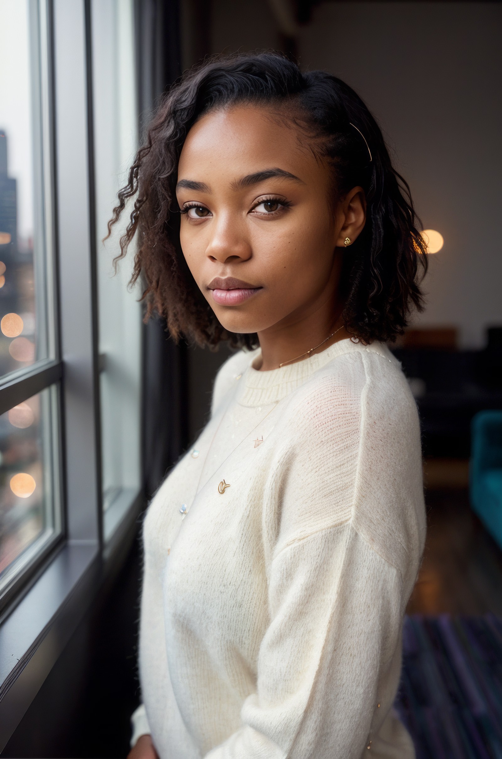 (Beauty shot:1.3) photo of a beautiful 21 year old black woman,  wearing a sweater, looking pensively out a window, upper ...