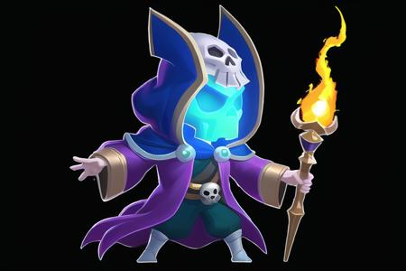 (masterpiece:1.2), (best quality,:1.2),q style, black background, holding, hood up, hood, 1boy, skull, solo, male focus, staff, holding staff, glowing, robe, simple background, fire, glowing eyes, blue eyes, long sleeves, mask