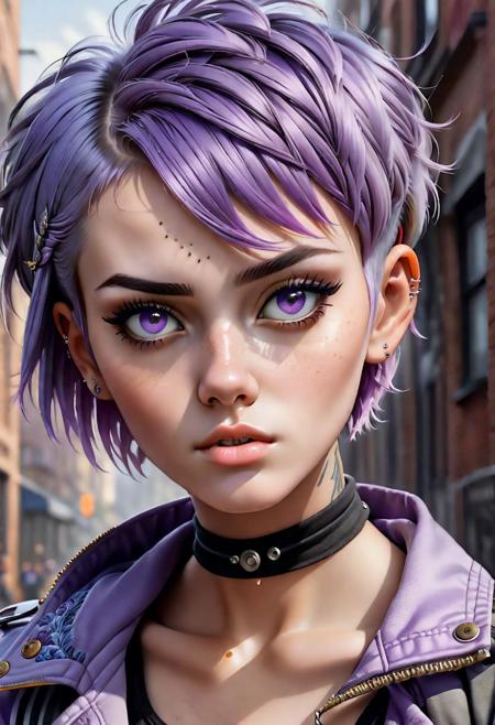 "Imagine a strikingly detailed portrait of a young rebel woman, her gaze piercing through the canvas with a defiant confidence. She sports an asymmetrical, short lavender haircut, each strand rendered with hyperrealistic detail that captures the subtle interplay of light and shadow, giving life to her vibrant locks. Her eyes, framed by expertly applied winged eyeliner, hold a story of urban adventures and untold tales. Adorning her ears are delicate earrings, each reflecting the neon city glow, while a heavy chain necklace lies around her neck, leading to a dagger pendant that hints at her bold spirit. Her skin is flawless, the texture so real you could almost feel its warmth, with a small beauty mark adding character to her visage. Tattoos peek out from under the sleeve of her black leather jacket, a symbol of her unique identity. The jacket itself is a masterpiece of texture, from the glossy sheen of the leather to the intricate details of the zippers and studs. Behind her, the city comes alive in a soft focus, neon signs glowing in the hues of the night, and the streaks of headlights suggesting the busy movement of the urban landscape. The emotional tone is one of empowerment and mystery, as she seems to stand on the brink of an exciting journey. The overall composition is a blend of photorealism and digital art, achieving a level of detail that is tangible and immersive."  art by mooncryptowow, epiCPhoto
