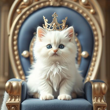 A kitten, 
  white, fluffy, kawaii,
  sitting on a throne, wearing a crown