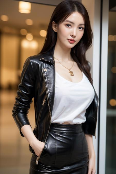 leather coat,white shirt,1girl,sexy pose,best quality,masterpiece,illustration,an extremely delicate and beautiful,CG,unity,8k wallpaper,Amazing,finely detail,masterpiece,official art,extremely detailed CG unity 8k wallpaper,incredibly absurdres,huge filesize,ultra-detailed,highres,extremely detailed,beautiful detailed girl,realistic,full frontal,outdoors,necklace,leather skirt,<lora:jincheng_20230808011656:0.8>,