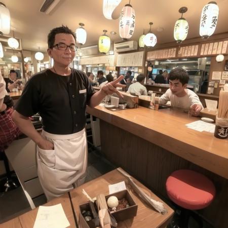 best quality, ultra-detailed, illustration,
sakaba, multiple boys, food, sitting, indoors, alcohol, chopsticks, cup, shirt, black hair, bar (place), glasses, denim, table, bottle, facial hair, lantern, ceiling light, pants, jeans, male focus, lamp, paper lantern, chair, beer, apron, stool, plate, plaid, 4boys, holding, phone, scenery, tokkuri, counter, realistic, photo background, photo (medium), japan, japanese architecture
 <lora:JAPN_SCENERY_TaisyuSakaba_SD15_V1:1>