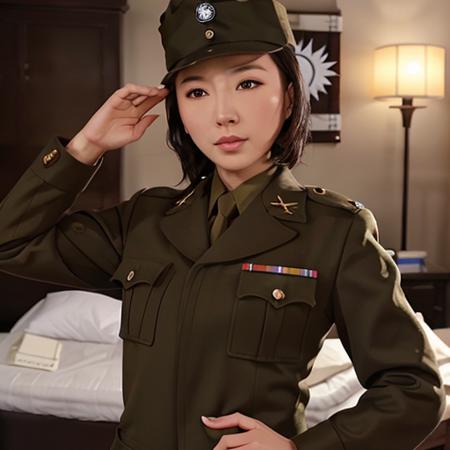 (KuomintangFemaleSpies), <lora:kuomintangfemalespies-000001:0.8>,<lora:taiwanDollLikeness_v10:0.1>, lady, beautiful, 8k, masterpiece, best quality,  perfect face, perfect eyes, in uniform, realistic, photorealistic, highres,gorgeous, weapon