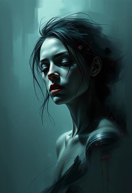 bold digital semi-realism meets melancholic expressionism, soft painterly textures blending into crisp stylized portraiture, dramatic moody lighting, eerie and contemplative atmosphere, muted grays with neon highlights, deep introspective emotion, surreal abstraction merging with bold character design