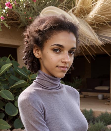 a33l0, outdoor, nature, Oasis in the desert, Spectacular light, 8k, soft lighting, high quality, breast, Flowers, ((Turtleneck Dress)) (close portrait photo)