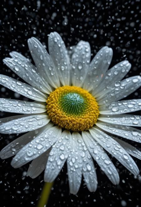 In a macro photography style, envision a delicate daisy bloom suspended in a gravity-defying dance, surrounded by shimmering quantum particles that flicker like tiny stars. The flower's petals, translucent and iridescent, glisten with dew drops that contain miniature galaxies swirling within. Each particle emits a spectrum of colors, creating an otherworldly glow that bathes the scene in a surreal, dreamlike ambiance. The intricate veins of the daisy are captured in sharp detail, revealing the complexity of its cellular structure, while the quantum particles form a vibrant, ever-changing backdrop. This piece is vivid, hyper-detailed, and ethereal, with every nuance rendered in stunning 32k resolution, using techniques such as bokeh and high dynamic range to enhance the surreal quality of the image.