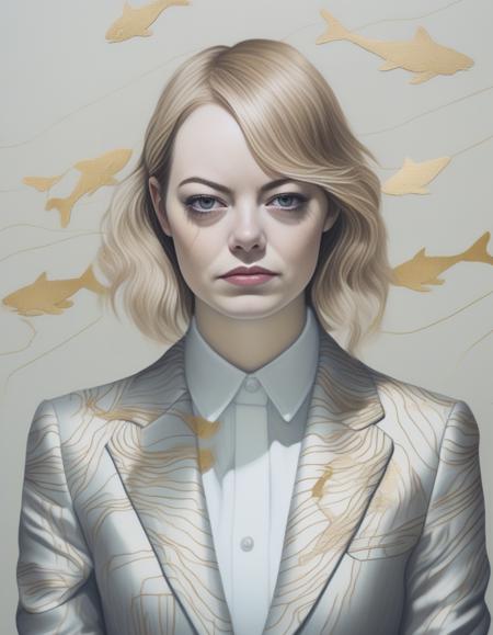 EmmaStone, art by Henrietta Harris, photograph, Flat Art, aerial shot of a Wretched Girl, Cartographer, wearing Platinum suit with Dogfish patterns, Gold hair, Visual novel, Evil, film grain, dslr, Depth of field 100mm, 4K,  <lora:EmmaStoneSDXL:1>