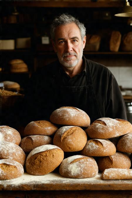 Slightly low-angle medium shot inside Grumble's Grains bakery. A formidable, flour-dusted proprietor with sharp grey eyes stands behind a sturdy oak counter piled with dense oatcakes and rustic dark rye loaves. Style: Vermeer's intimate light rendering Millet's grounded realism. Single-source illumination casts deep, velvety shadows, sculpting form across a warm ochre, burnt sienna, deep umber palette. Textures tangible: rough-hewn wood, powdery flour, craggy crusts, weathered skin. Atmosphere of grounded competence, no-nonsense warmth. Visible flour motes dance in the light beam. Gleaming brass scale weight provides a focal point.