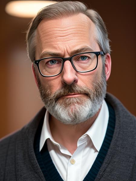 photo of (LuckyHank:0.99), a bearded man wearing glasses, wearing a red blouse, with a black cardigan, with a pearl necklace,  detailed face, realistic skin, high quality, (brown eyes:1.1), Leica 50mm, f1. 4, natural light, grainy, (high detailed skin:1.2)