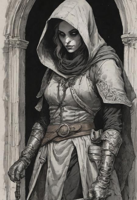 character design of a female, fantasy ratfolk rogue, humanoid ratkin, large breasts, ratkind, whiskers, black eyes, sneaky theif, lurking in an ally, dirty, tattered cloak, pouches, long scabbard, sheathed dagger, dungeons and dragons, masterpiece, extremely detailed, volumetric lighting, excellent quality, award winning, fine details, 4k resolution, theives guild, dangerous shadows, cobblestone, torches, candle wax, black vultures in background, action shot, 3/4 shot