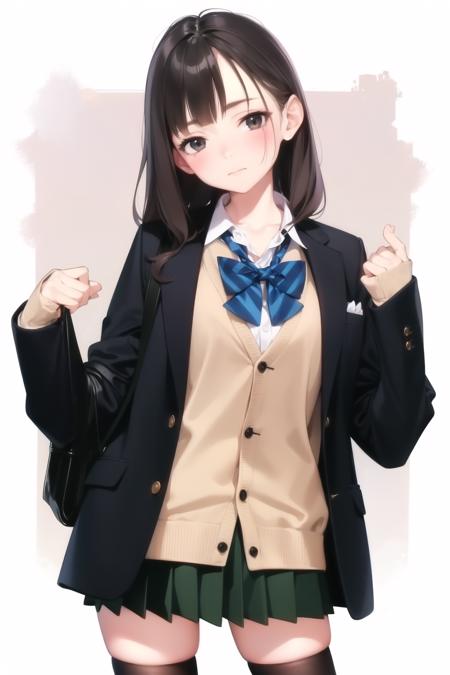 <lora:ama_mitsuki_v0.1:1>
1girl, solo, long hair, looking at viewer, blush, bangs, skirt, simple background, brown hair, shirt, long sleeves, white background, bow, closed mouth, school uniform, standing, jacket, white shirt, pleated skirt, open clothes, socks, collared shirt, hand up, miniskirt, bowtie, bag, open jacket, black jacket, head tilt, sleeves past wrists, kneehighs, swept bangs, stuffed toy, blazer, backpack, cardigan, stuffed animal, wing collar, green skirt, black socks, arm at side, hand in own hair, masterpiece, best quality, highly detailed