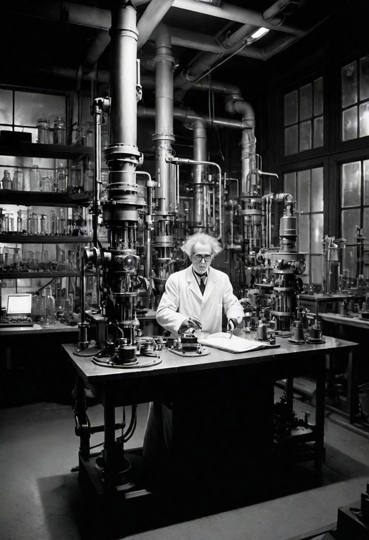 A man in a lab coat working in a large workshop.