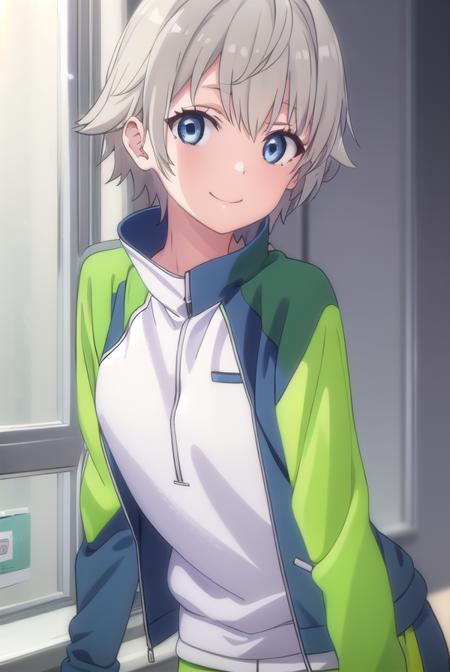 saikatotsuka, <lora:saika totsuka s2s3-lora-nochekaiser:1>,
saika totsuka, blue eyes, ahoge, grey hair, male focus, smile,
BREAK jacket, green jacket, shirt, white shirt, open jacket, shorts, green shorts, raglan sleeves,
BREAK indoors, classroom,
BREAK looking at viewer, (cowboy shot:1.5),
BREAK <lyco:GoodHands-beta2:1>, (masterpiece:1.2), best quality, high resolution, unity 8k wallpaper, (illustration:0.8), (beautiful detailed eyes:1.6), extremely detailed face, perfect lighting, extremely detailed CG, (perfect hands, perfect anatomy),