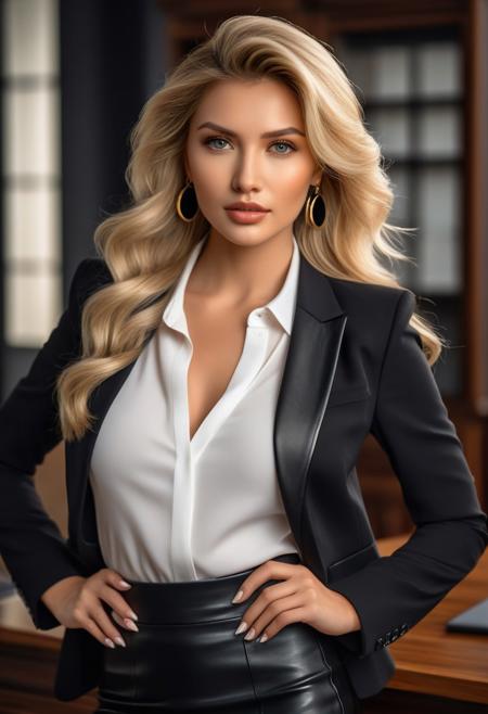 photo of beautiful woman ,   Heather,blond wayvy hair   ,seductive,  jewelry ,round earrings , business outfit ,white blouse,leather pencel skirt,black blazer ,masterpiece) (best quality) (detailed) (8k) (HDR) (wallpaper) (cinematic lighting) (sharp focus) (intricate)