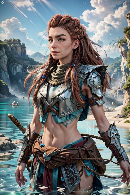 (masterpiece, best quality)
1girl, AloyHorizon, solo, long hair, smile, brown hair, hair ornament, navel, brown eyes, weapon, braid, outdoors, parted lips, sky, day, midriff, sword, cloud, red hair, water, from behind, armor, blue sky, lips, looking to the side, tattoo, ocean, looking away, thick eyebrows, shoulder armor, sheath, rope, freckles, hand in own hair, rock, realistic, nose, dreadlocks
<lora:epi_noiseoffset2:1>  <lora:add_detail:0.7>  <lora:AloyHorizon:0.8>