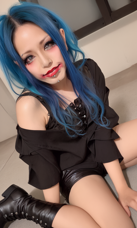 t4k4sh1, gray eyes, blue hair, lipstick, mouth piercing, black top, black blouse, showing shoulder, black shorts, black boots