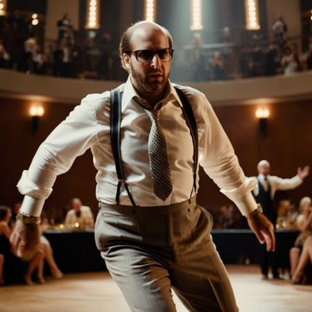 cinematic film still of  <lora:Les Grossman:1.2>
Les Grossman a man in suspenders and a tie is dancing in a wide shot, shallow depth of field, vignette, highly detailed, high budget, bokeh, cinemascope, moody, epic, gorgeous, film grain, grainy