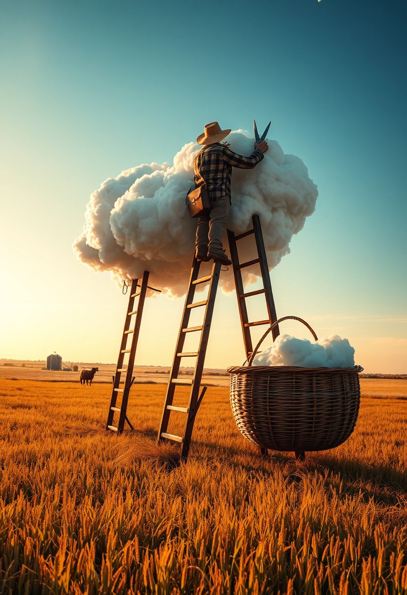 A wide rural field rolls under a flawless sapphire sky, touched by the warm amber glow of golden hour. Rising from the grass, tall wooden ladders support farmers dressed in earth-toned, weathered clothing plaid shirts, heavy boots, sun-worn hats each piece rendered with hyperrealistic texture. These farmers, with calm precision, shear enormous, cottony clouds as if tending to a flock of sky-bound sheep. The shears catch the sunlight with a metallic gleam, snipping through the cloudmass with careful grace. Below, large baskets made of woven reeds overflow with cloud fluff, soft and shimmering like silk. Dust motes swirl gently in the still air, illuminated by the slanting sunlight. Far in the background, low hills and distant silos blur into a dreamlike haze. The atmosphere carries a surreal quiet, where the strange has become mundane. Every detail from the woodgrain of the ladders to the misty edges of the clouds is crafted with exquisite, photographic clarity, grounding the fantastical scene in visual truth.