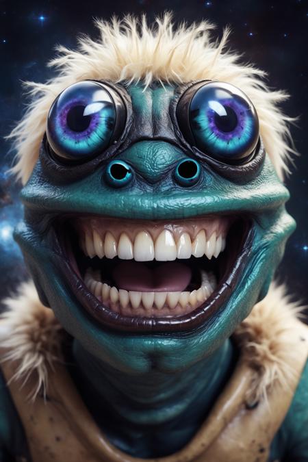 portrait of a beetle monster, human smile, human teeth,galaxy eyes, lips, blonde fur on head