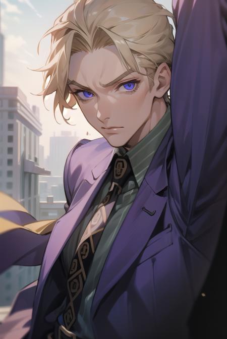 kirayoshikage, <lora:kirayoshikagetest:1>, kira yoshikage, 1boy, blonde hair, short hair, mature male, cheekbones, purple eyes,
BREAK belt, formal, necktie, shoes, suit,,
BREAK looking at viewer,
BREAK outdoors, park,
BREAK <lora:GoodHands-vanilla:1>, (masterpiece:1.2), best quality, high resolution, unity 8k wallpaper, (illustration:0.8), (beautiful detailed eyes:1.6), extremely detailed face, perfect lighting, extremely detailed CG, (perfect hands, perfect anatomy),