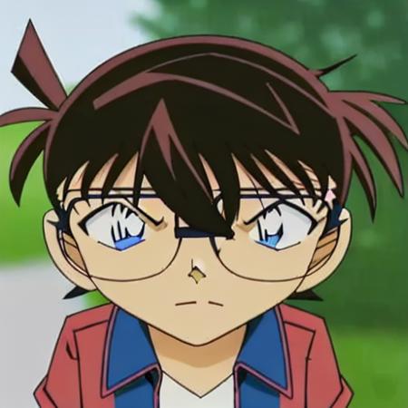 <conan>, solo, 1boy, male focus, glasses, blue eyes, male child, smile, shirt, closed mouth, brown hair, green shirt, looking at viewer, jacket, blue jacket, black-framed eyewear, bangs, hair between eyes, gradient background, short hair, portrait, gradient, yellow background