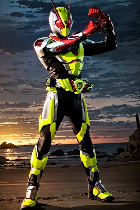 ((masterpiece,best quality)),kamen rider zero two, kamen rider, tokusatsu, rider belt, glowing red eyes, solo, 1boy,muscular, male focus, looking at viewer, standing,dynamic pose,full body, armor, red gloves, bodysuit, arms raised,((((arm across chest)))),antennae, clenched hands,closed fist, scarf, glowing,outdoors,dawn, <lora:kamen_rider_zero_two-10:0.7>