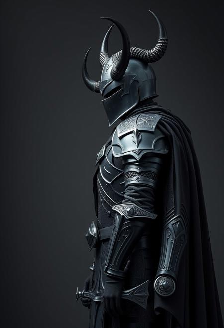 gothic knight with ultra realistic and hyper detailed dark armor + beautiful horned helmet + long black cape + grey background, 8k , octane render
