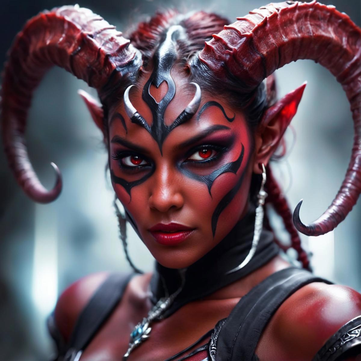Woman with red and black makeup, including devil horns, and wearing a black top and earrings.