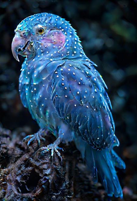 Ultrarealistic. parrot made of bioluminescent organisms