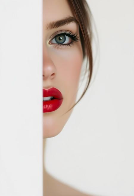 A captivating minimalist portrait of a shy and alluring woman. The left half of her face is visible, with her delicate features seamlessly merging into a blank canvas of white. Her soft, bright red lips contrast against the monochromatic background, drawing the viewer's attention. Her eyes hold a subtle, mysterious expression that exudes both haunting and enchanting vibes. The simplicity of the composition, with its stark contrast, evokes a sense of ethereal beauty. by Sasan
