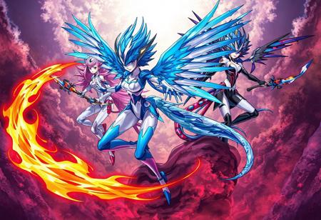 This captivating artwork showcases three distinct Harpie Lady Sisters, each with unique color schemes and weapons, arranged in a dynamic Phoenix Formation on a textured Pandemonium. The blue and white Cyber Harpie in the foreground, wielding a Fire Whip, gives an impression of readiness for a fantasy battle. Behind it, the pink and black, and blue and white Harpie Ladies, each equipped with a Performapal Whip Snake, add depth and motion to the image. The artwork is masterfully crafted with sharp lines, brilliant colors, and intricate details, resulting in a lifelike and vibrant 4K illustration, designed to inspire awe and appreciation from the viewer.